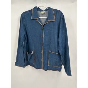 Click by Color Me Cotton Women Denim Tencel Button Up Jacket Medium Brown Trim‎